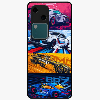 JDM Sports Car Glass Case showing flat back view with high performance sports car artwork and glossy glass finish.