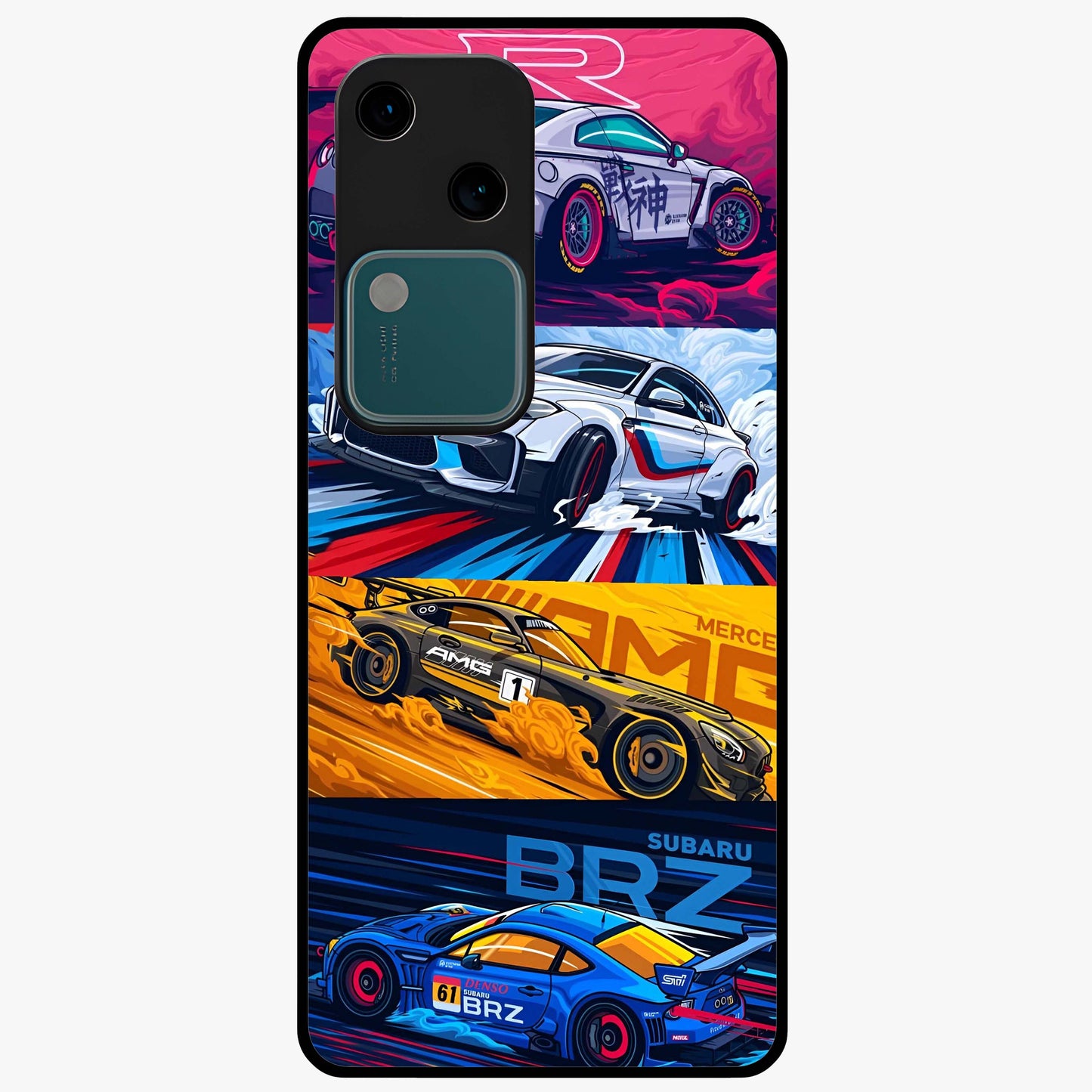 JDM Sports Car Glass Case showing flat back view with high performance sports car artwork and glossy glass finish.