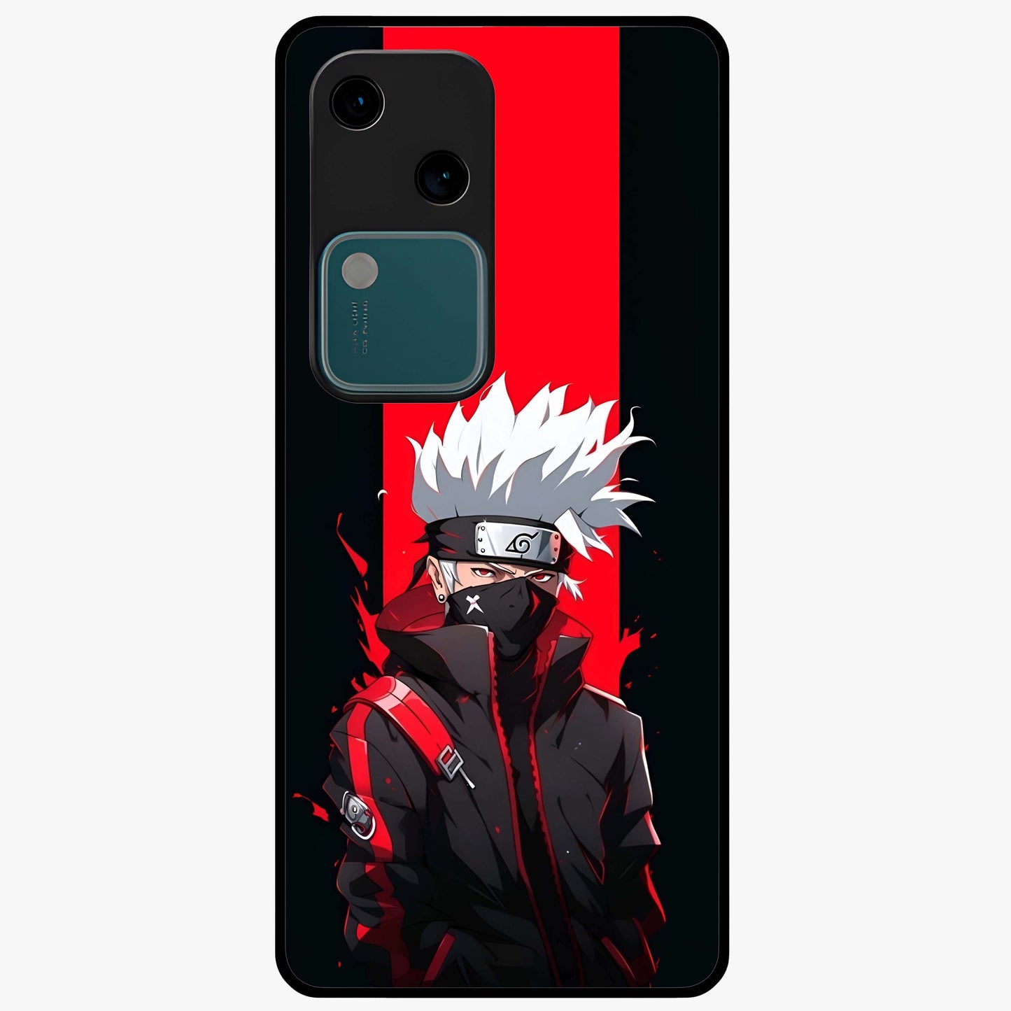 Kakashi Scarlet Shadow Glass Case showing flat back view with powerful anime ninja artwork and glossy glass finish.