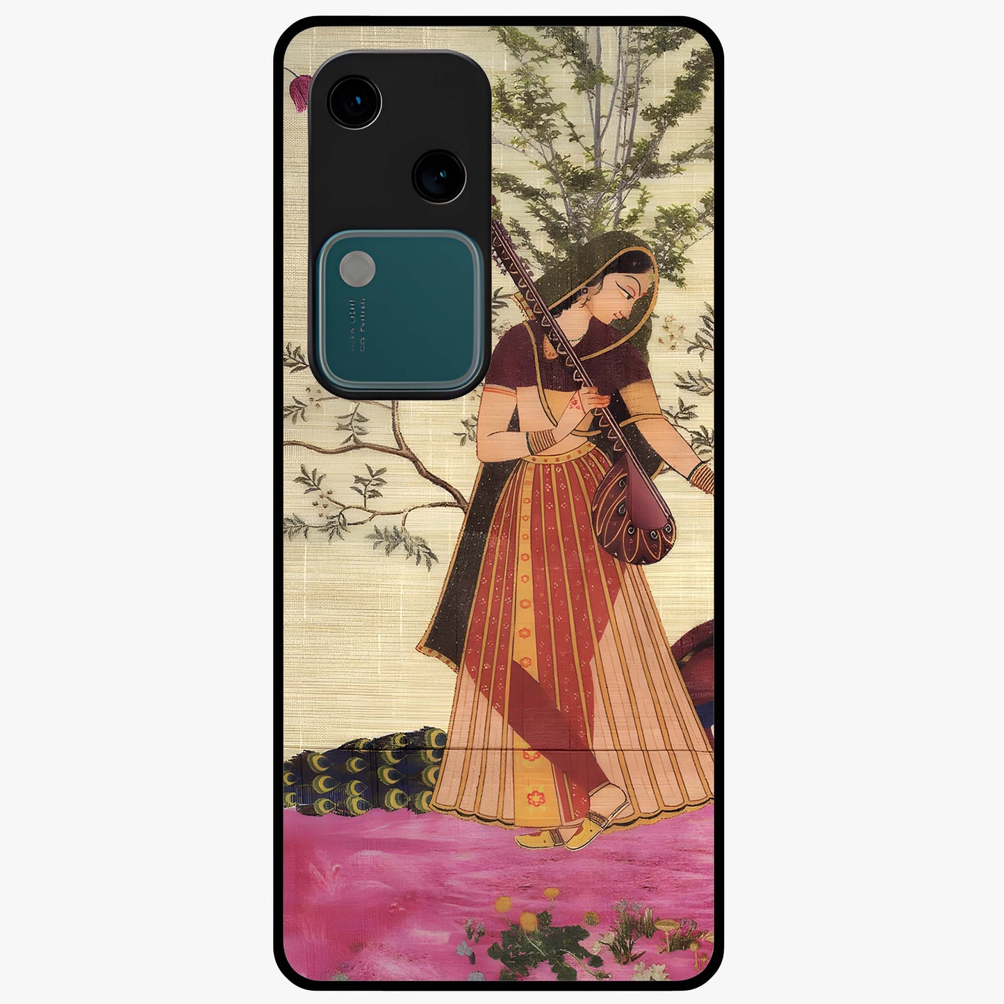 Lady With Veena Art Glass Case showing flat back view with elegant woman playing veena artwork and glossy glass finish.