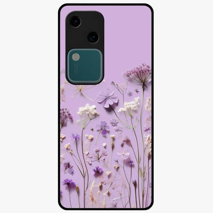 Lavender Blossom Dream Glass Case showing flat back view with soft lavender floral artwork and glossy glass finish.