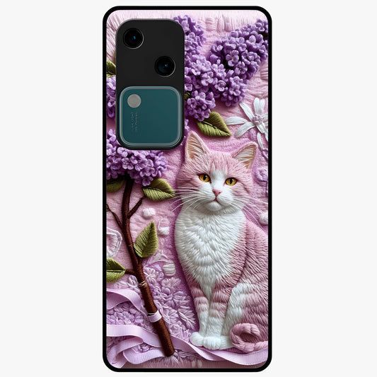Lavender Cat Whimsy Glass Case showing flat back view with cute lavender cat artwork and glossy glass finish.