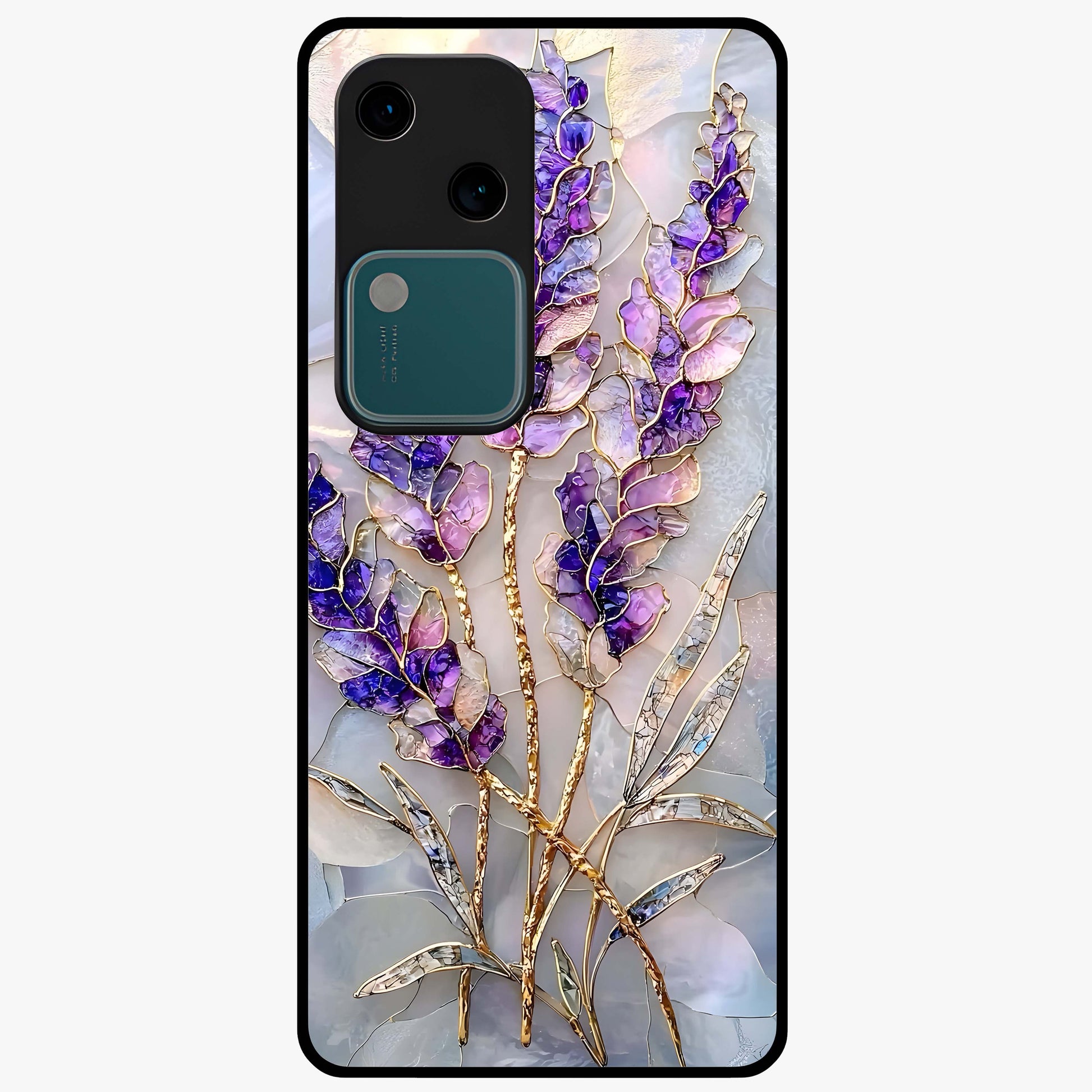 Lavender Dream Glow Glass Case showing flat back view with glowing lavender aesthetic artwork and glossy glass finish.
