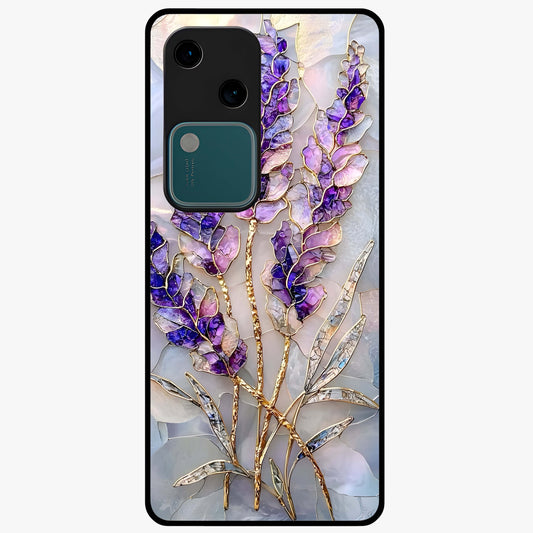 Lavender Dream Glow Glass Case showing flat back view with glowing lavender aesthetic artwork and glossy glass finish.