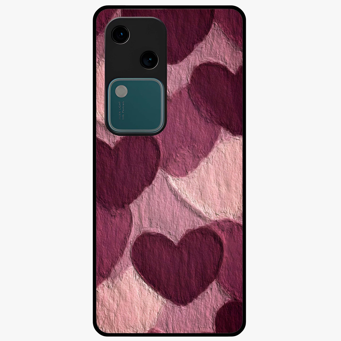 Layered Paper Hearts Glass Case showing flat back view with layered paper heart artwork and glossy glass finish.