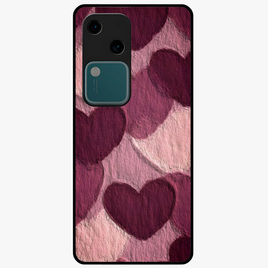 Layered Paper Hearts Glass Case showing flat back view with layered paper heart artwork and glossy glass finish.