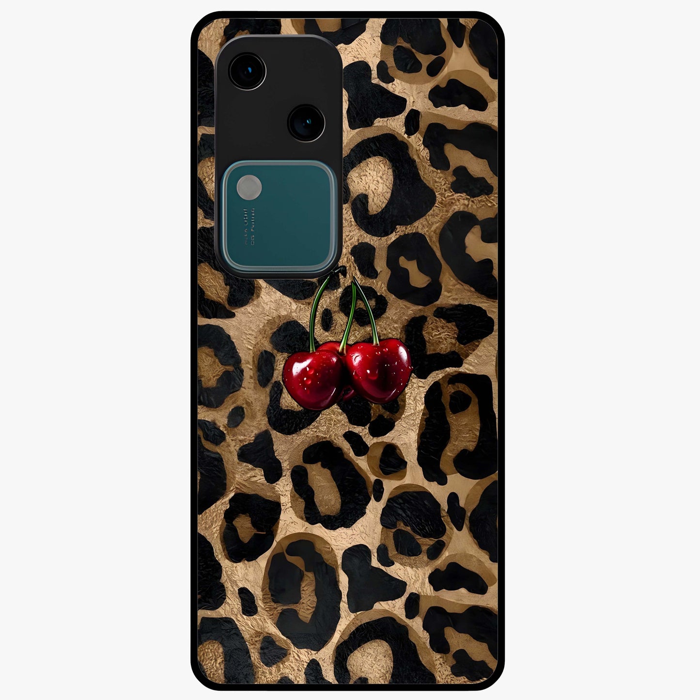 Leopard Wild Cherry Glass Case showing flat back view with leopard pattern and cherry artwork and glossy glass finish.
