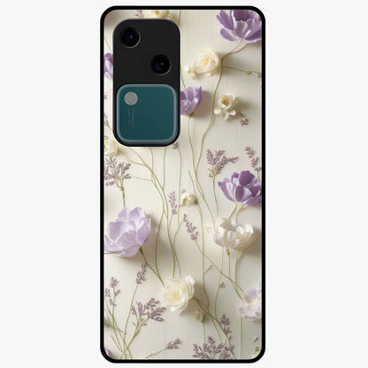 Lilac Breeze Harmony Glass Case showing flat back view with soft lilac themed artwork and glossy glass finish.