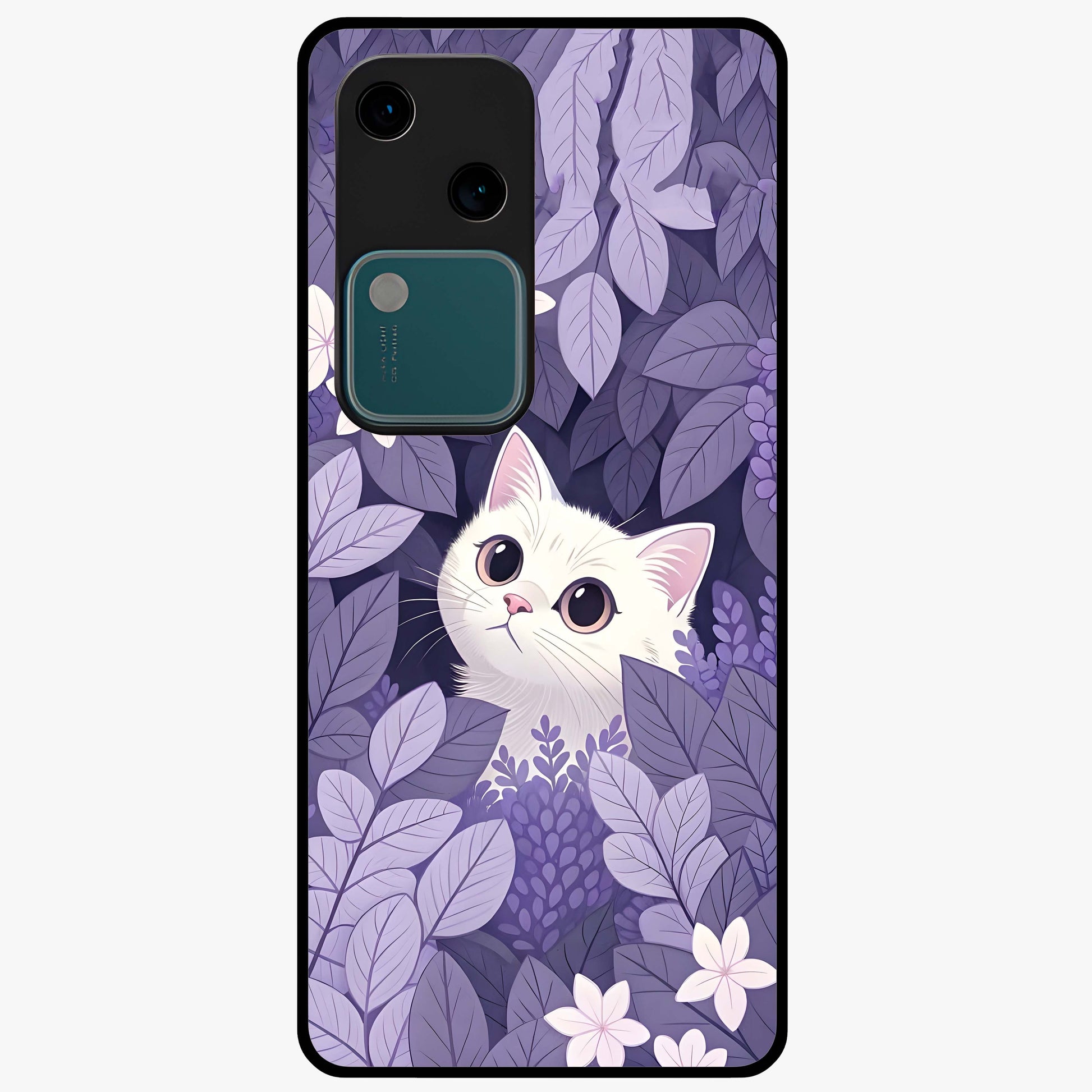 Lilac Hide Peek Cat Glass Case showing flat back view with cute peeking cat artwork and glossy glass finish.