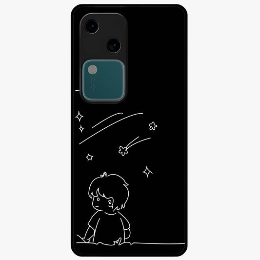 Line Art Boy With Shooting Stars Glass Case showing flat back view with minimal line art boy and shooting stars illustration and glossy glass finish.