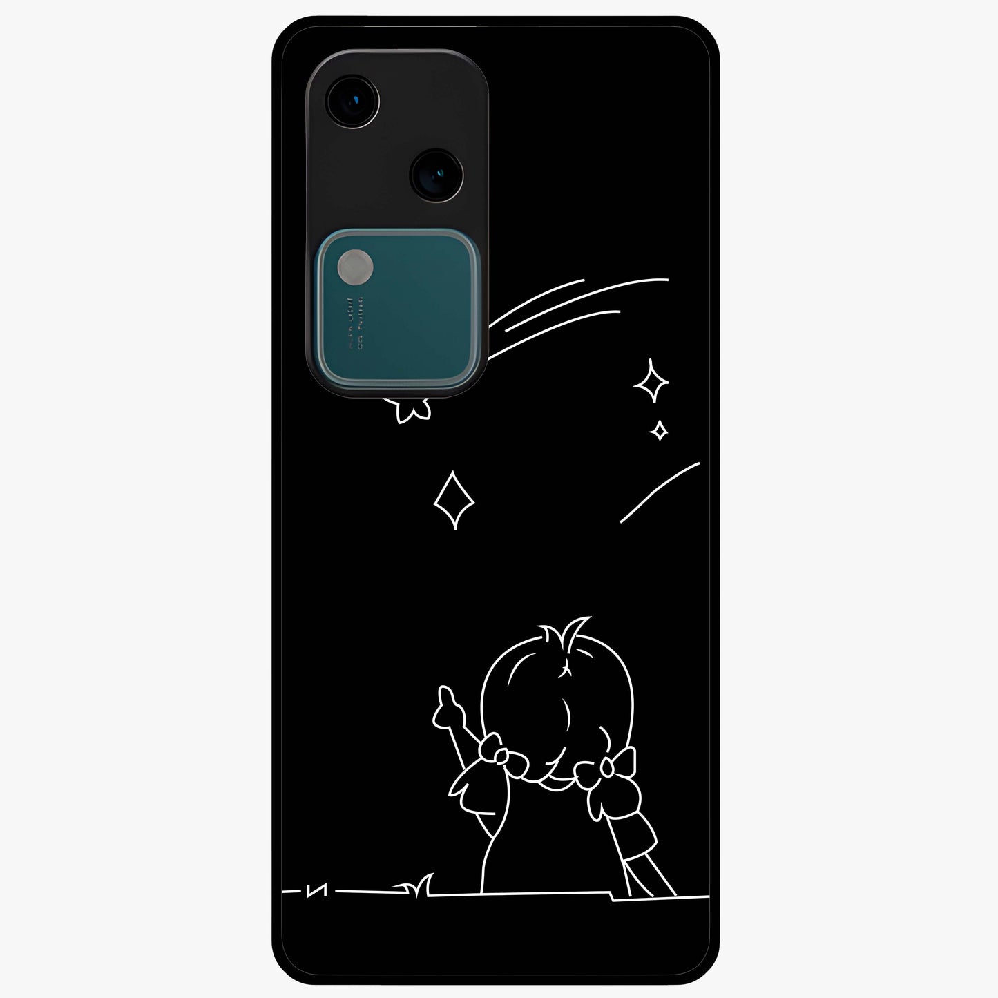 Line Art Girl With Shooting Stars Glass Case showing flat back view with minimal line art girl and shooting stars illustration and glossy glass finish.