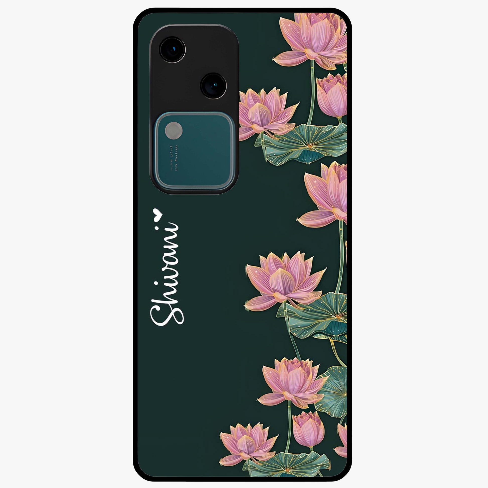 Lotus Bloom Serenity Custom Name Glass Case showing flat back view with elegant lotus flower artwork and personalized name design.