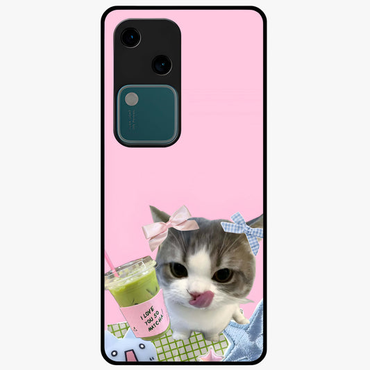 Love Matcha Cat Glass Case showing flat back view with cute cat and matcha themed artwork and glossy glass finish.