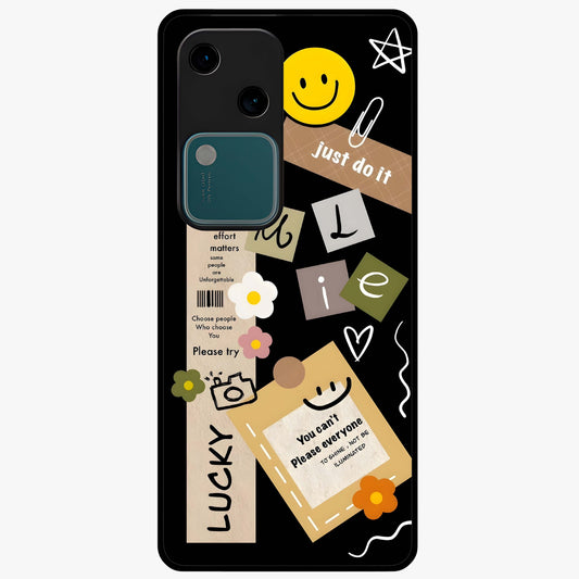 Lucky Aesthetic Collage Glass Case showing flat back view with trendy aesthetic collage artwork and glossy glass finish.