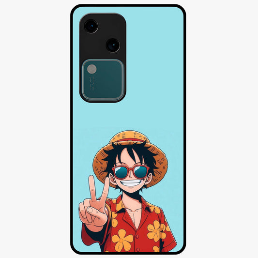 Luffy Summer Anime Vibe Glass Case showing flat back view with vibrant anime character artwork and glossy glass finish.