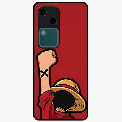 Luffy X Spirit Glass Case showing flat back view with bold anime character artwork and glossy glass finish.