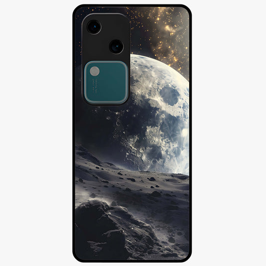 Lunar Horizon Glow Glass Case showing flat back view with glowing moon horizon artwork and glossy glass finish.