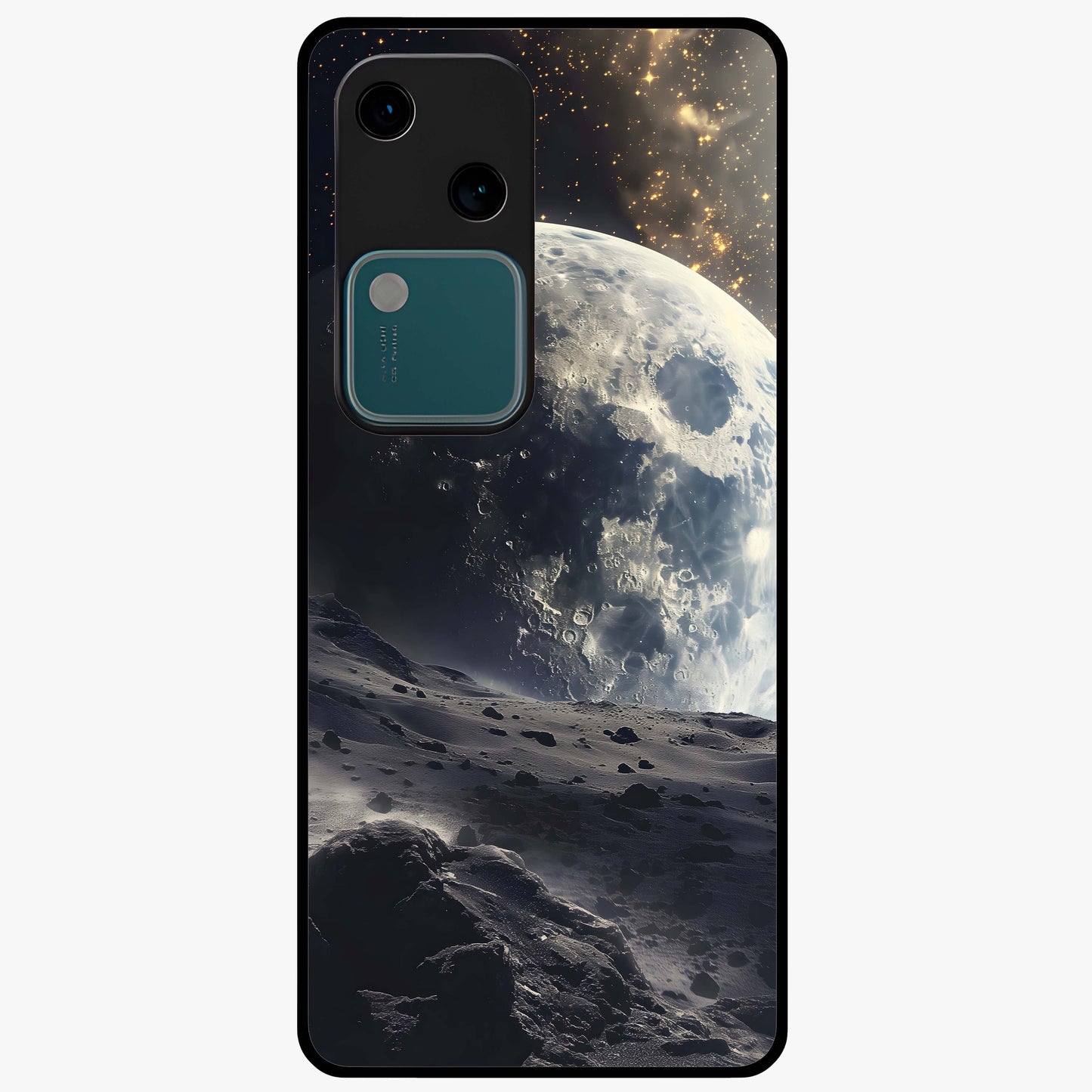 Lunar Horizon Glow Glass Case showing flat back view with glowing moon horizon artwork and glossy glass finish.