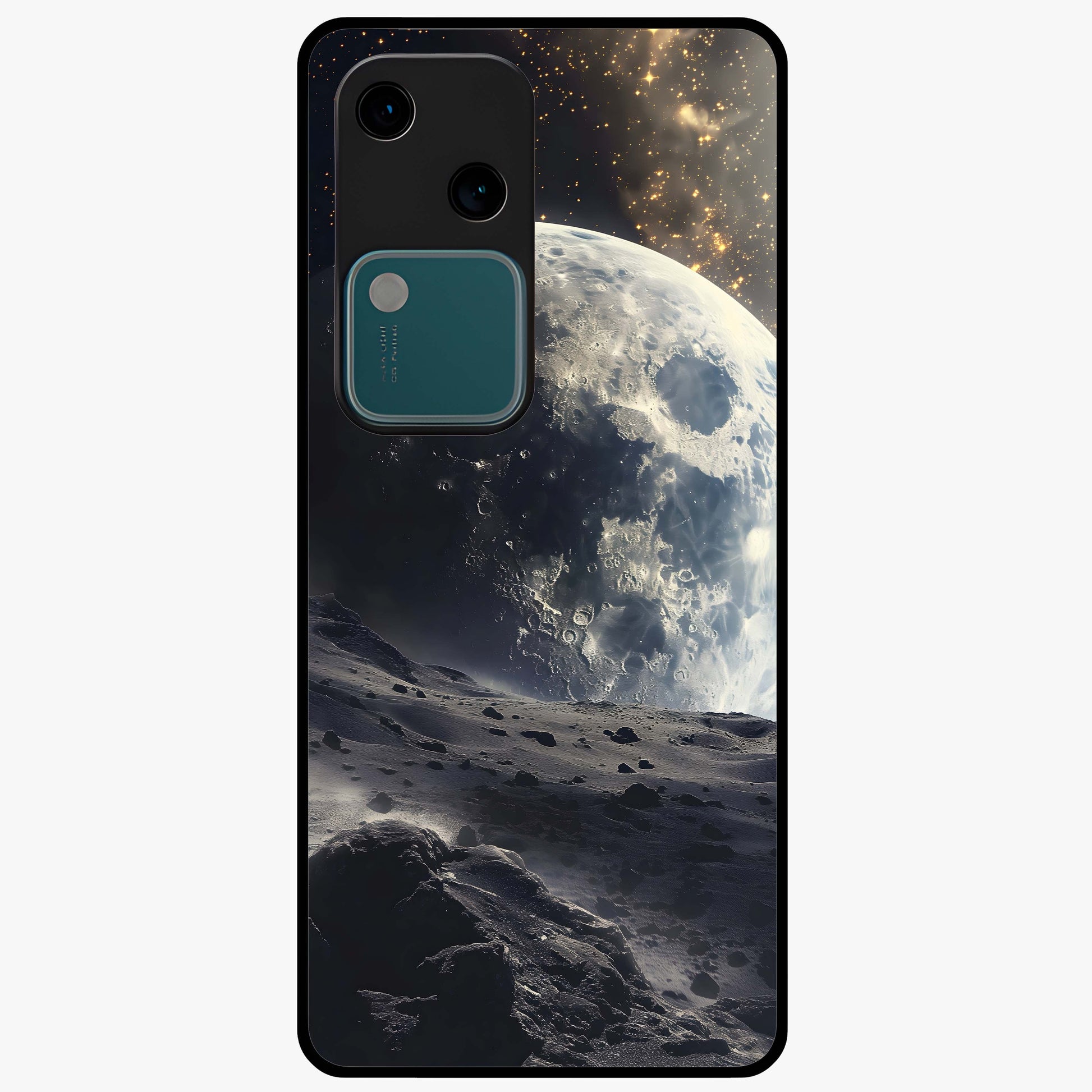 Lunar Horizon Glow Glass Case showing flat back view with glowing moon horizon artwork and glossy glass finish.