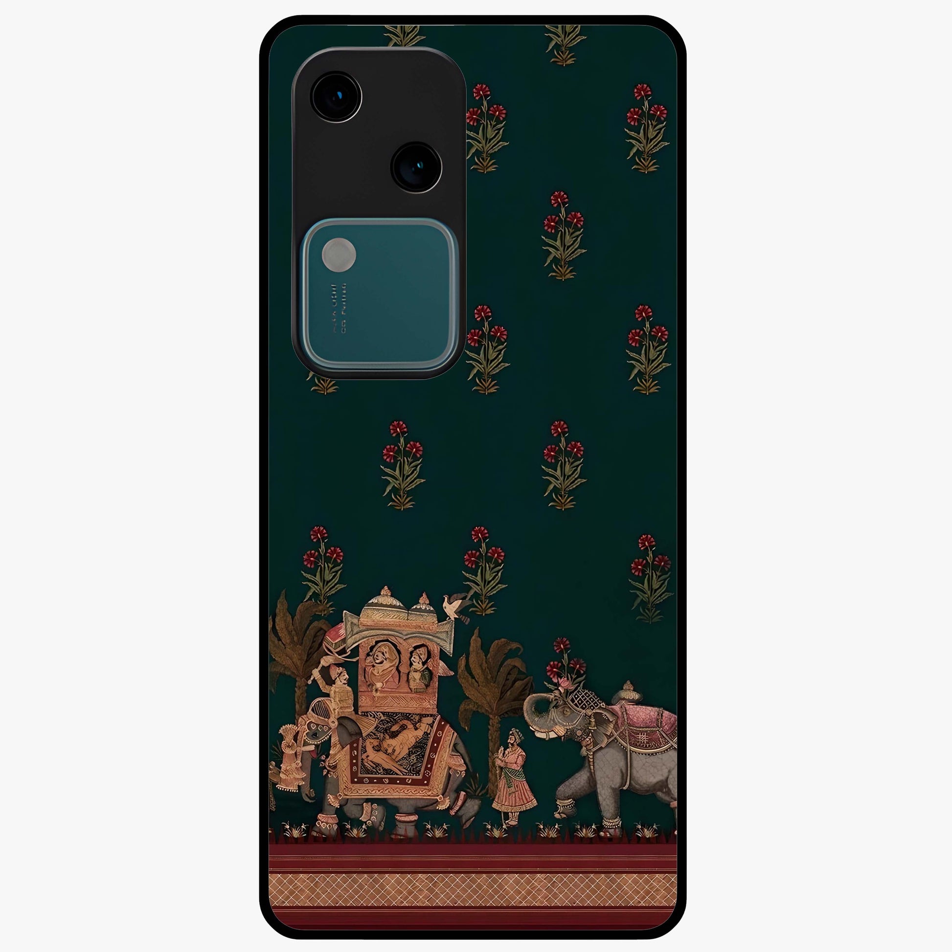 Macmerise Glass Case showing flat back view with stylish modern artwork and glossy glass finish.