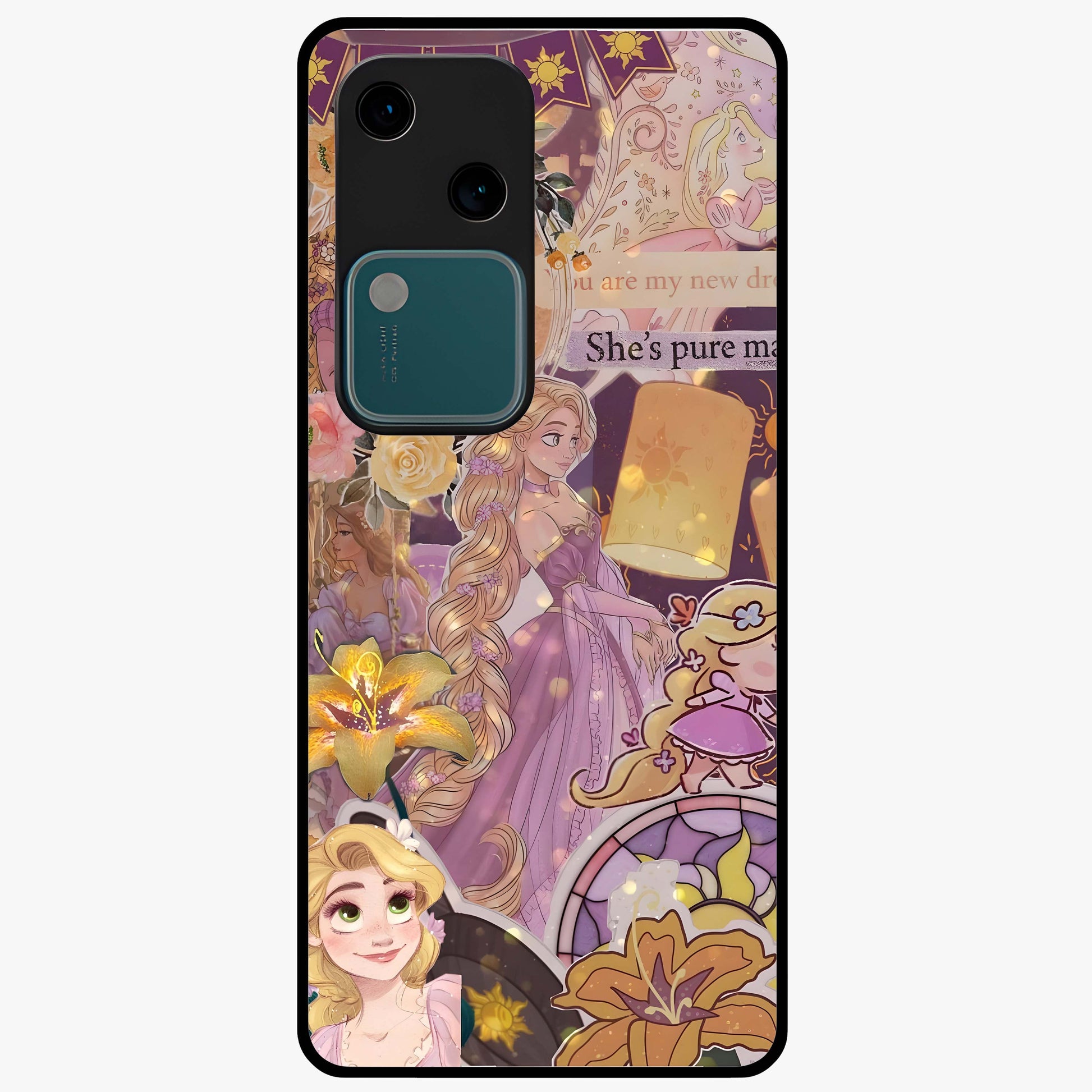 Magical Tangled Dream Glass Case showing flat back view with dreamy tangled artwork and glossy glass finish.