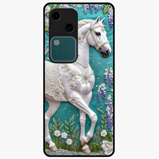Majestic Floral Stallion Glass Case showing flat back view with powerful horse and floral artwork and glossy glass finish.