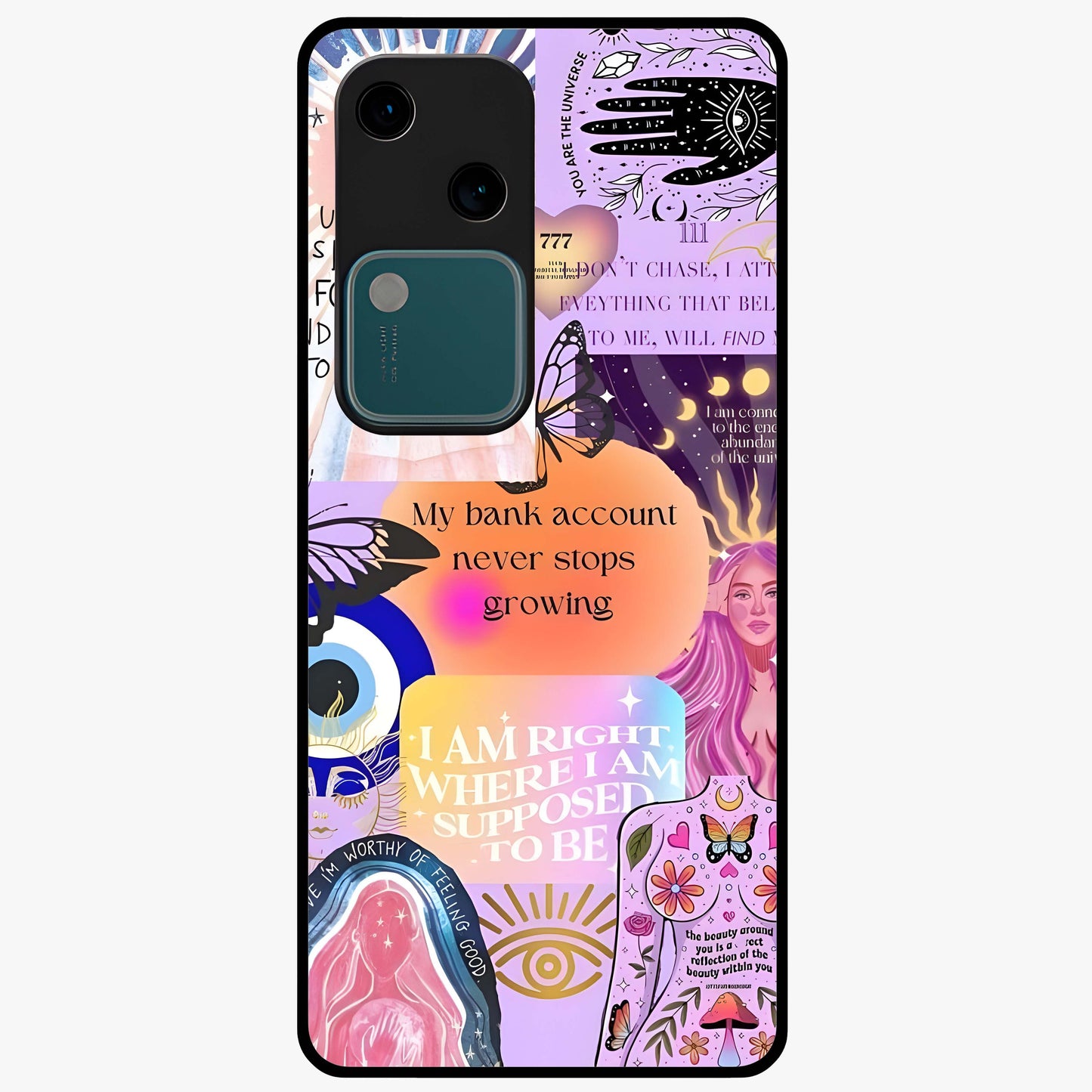 Manifestation Collage Glass Case showing flat back view with motivational collage artwork and glossy glass finish.