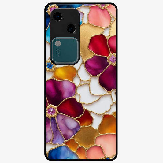 Marble Flower Pattern Glass Case showing flat back view with marble texture floral artwork and glossy glass finish.