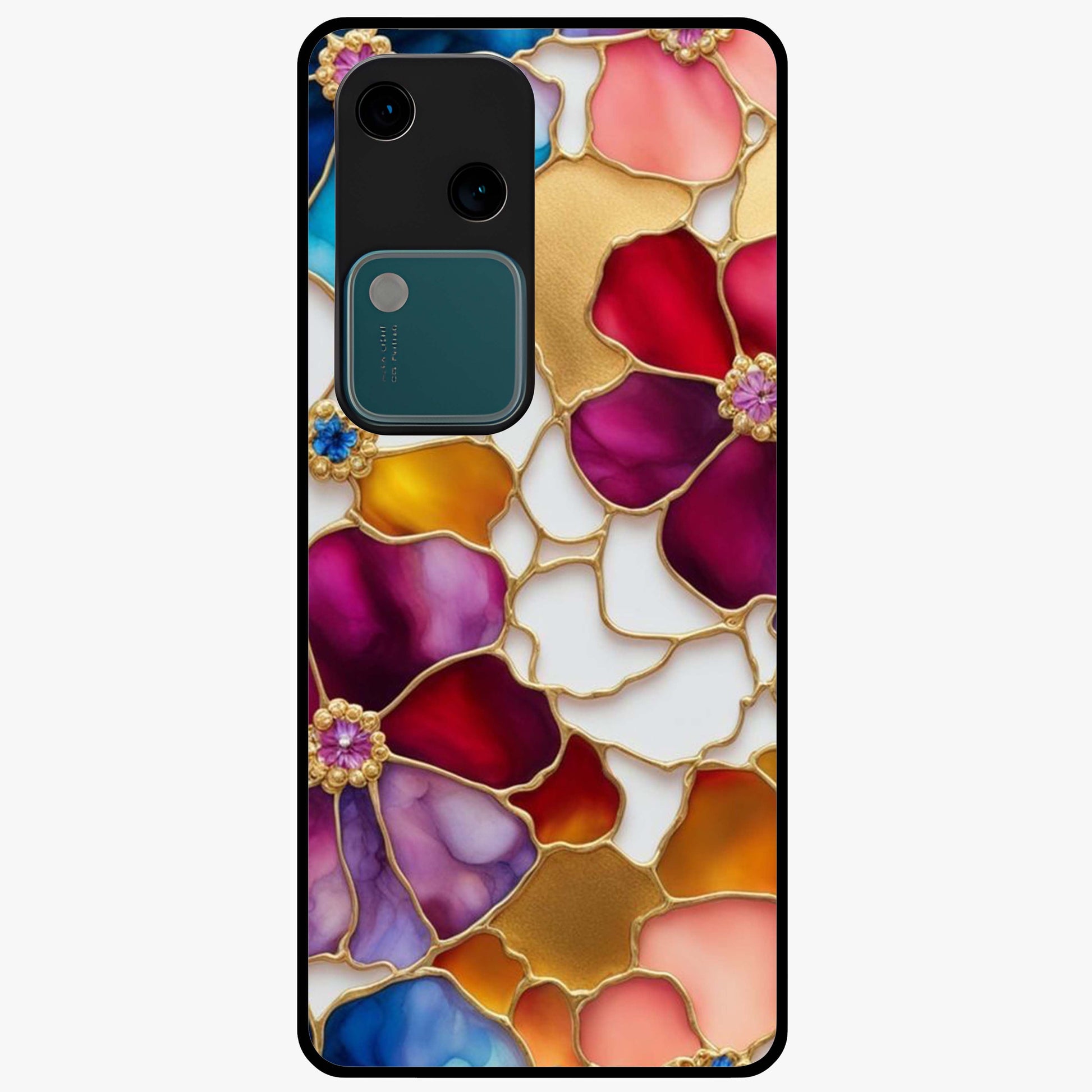 Marble Flower Pattern Glass Case showing flat back view with marble texture floral artwork and glossy glass finish.