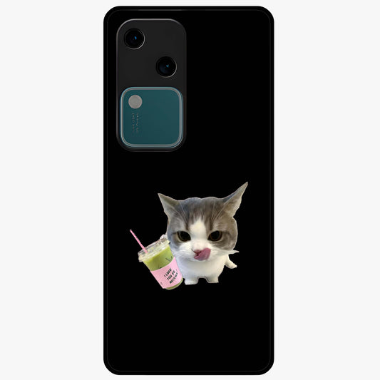 Matcha Cat Style Glass Case showing flat back view with cute matcha themed cat artwork and glossy glass finish.