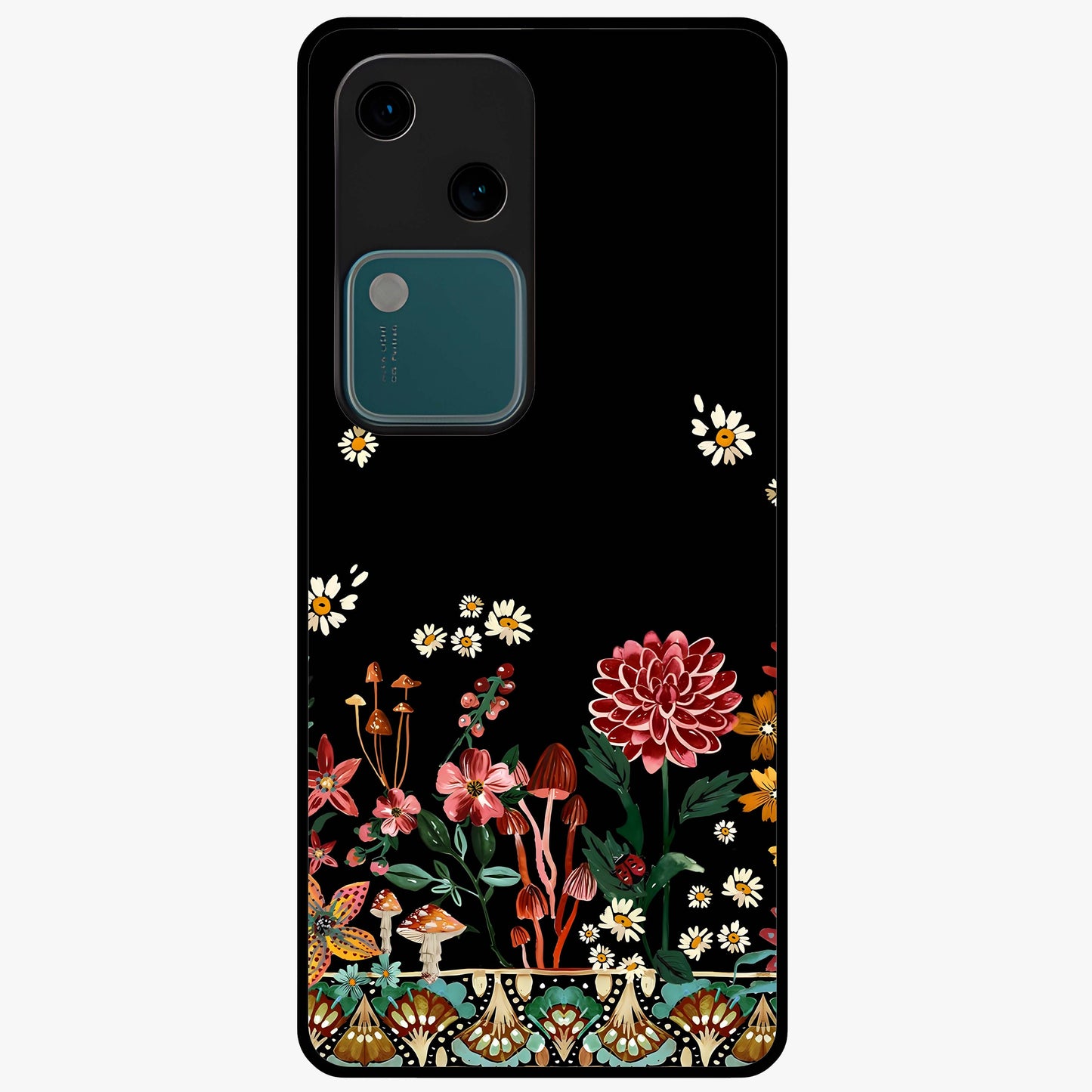 Midnight Bloom Pattern Glass Case showing flat back view with dark floral pattern artwork and glossy glass finish.