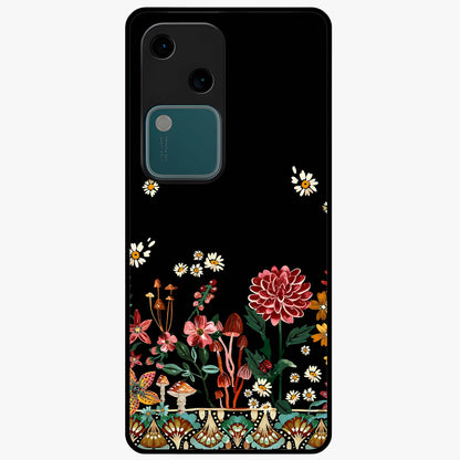 Midnight Bloom Pattern Glass Case showing flat back view with dark floral pattern artwork and glossy glass finish.