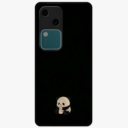 Midnight Panda Love Glass Case showing flat back view with cute panda themed artwork and glossy glass finish.