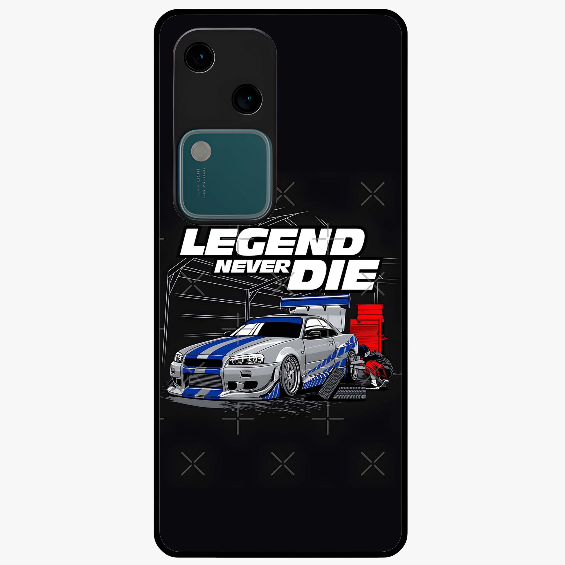 Midnight Racing Legacy Glass Case showing flat back view with sleek racing inspired artwork and glossy glass finish.