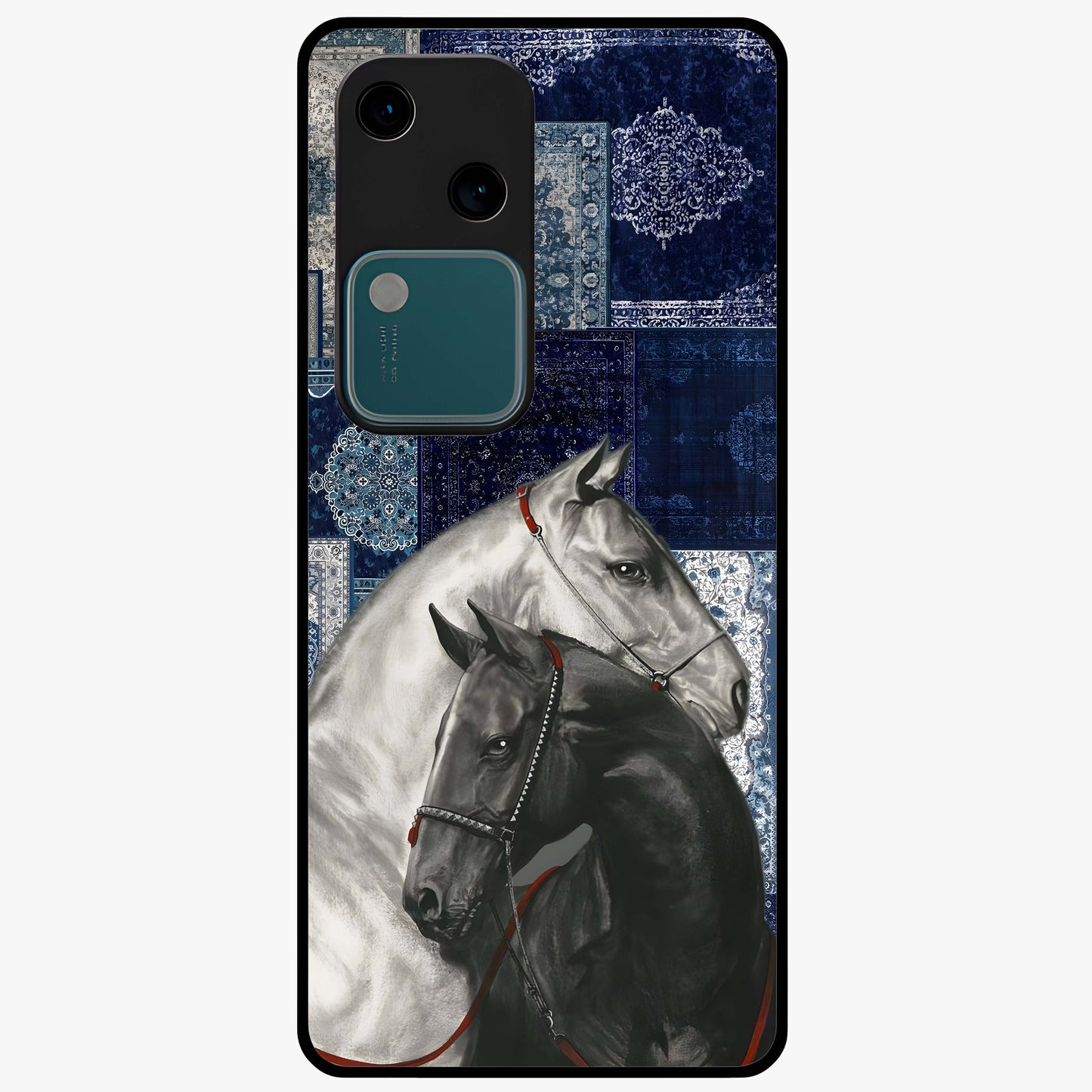 Midnight Stallion Blues Glass Case showing flat back view with majestic horse artwork and glossy glass finish.