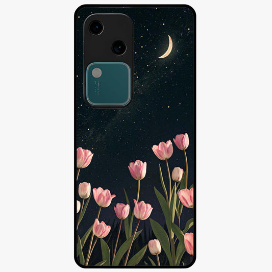 Midnight Tulip Whispers Vibe Glass Case showing flat back view with elegant tulip flower artwork and glossy glass finish.