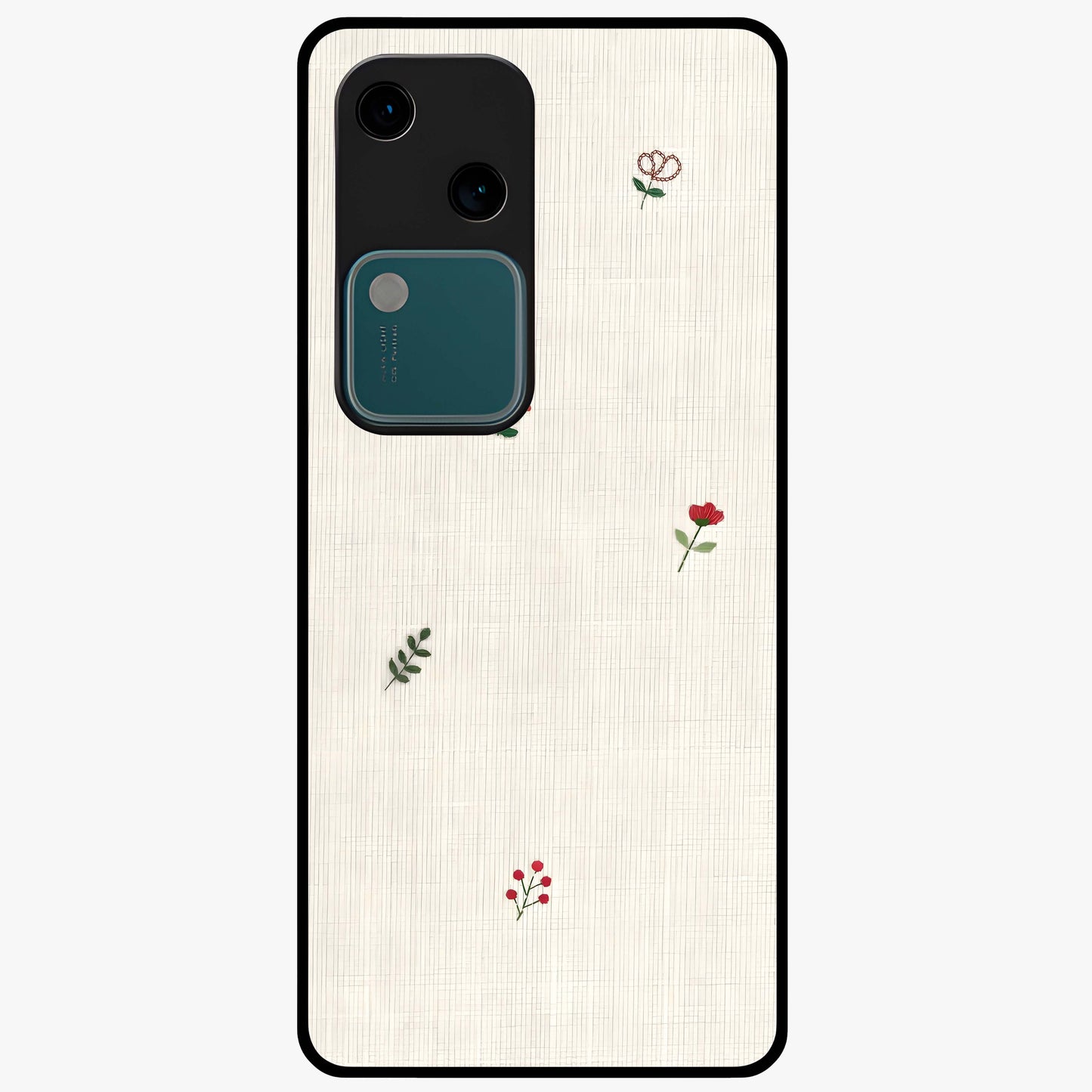 Minimal Petal Whispers Glass Case showing flat back view with soft minimal floral artwork and glossy glass finish.