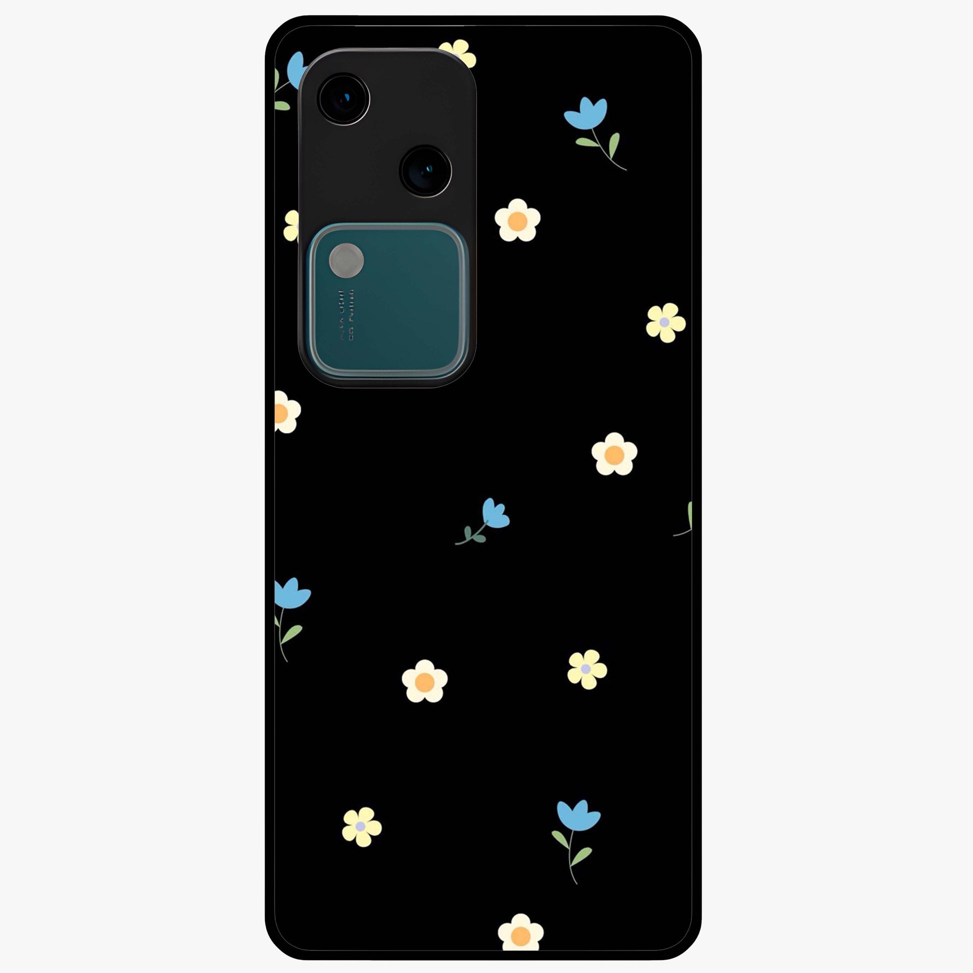 Minimalistic Blue With White Flower Pattern Glass Case showing flat back view with blue background and white flower pattern and glossy glass finish.