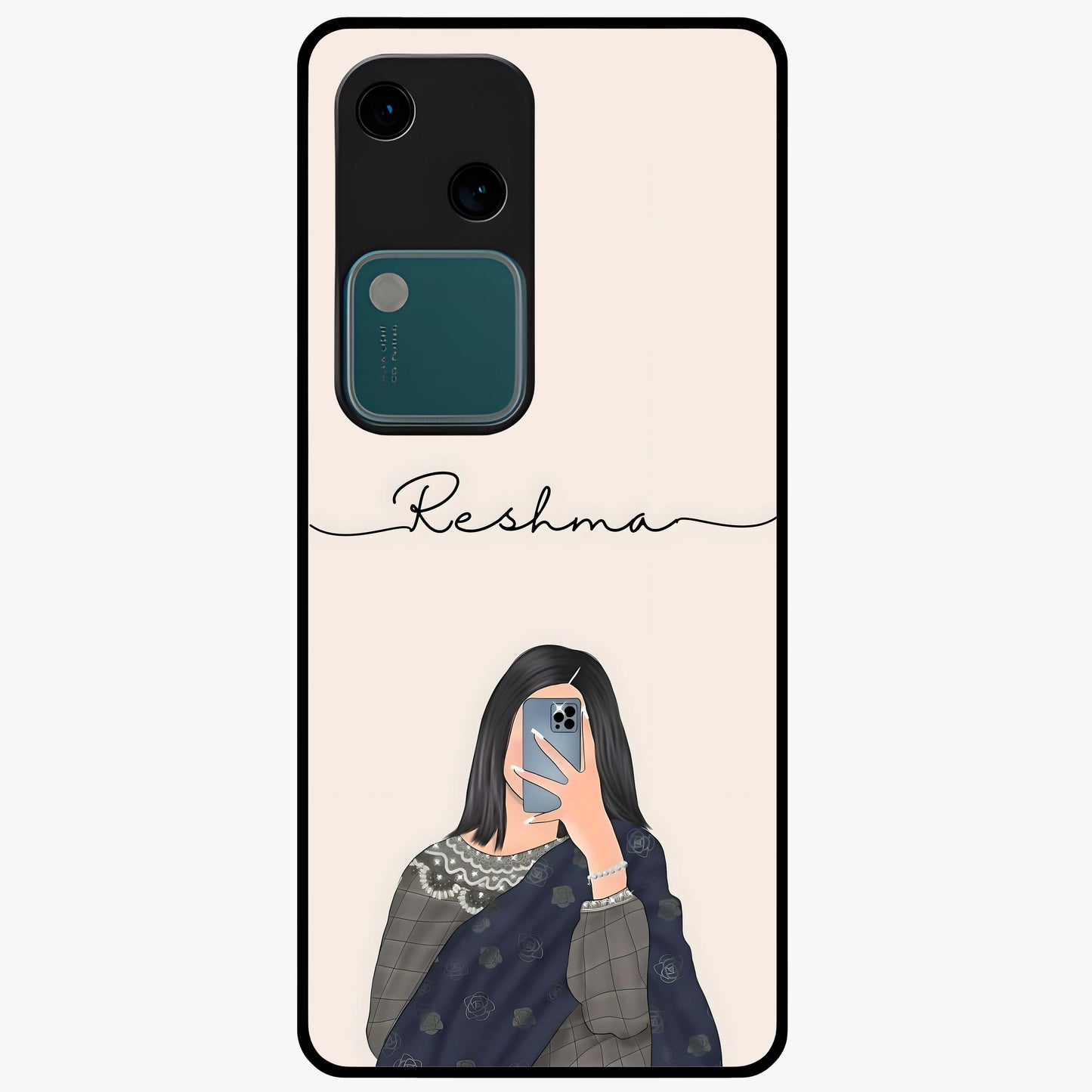 Mirror Mood Muse With Custom Name Glass Case showing flat back view with stylish mirrored artwork and personalized name design.