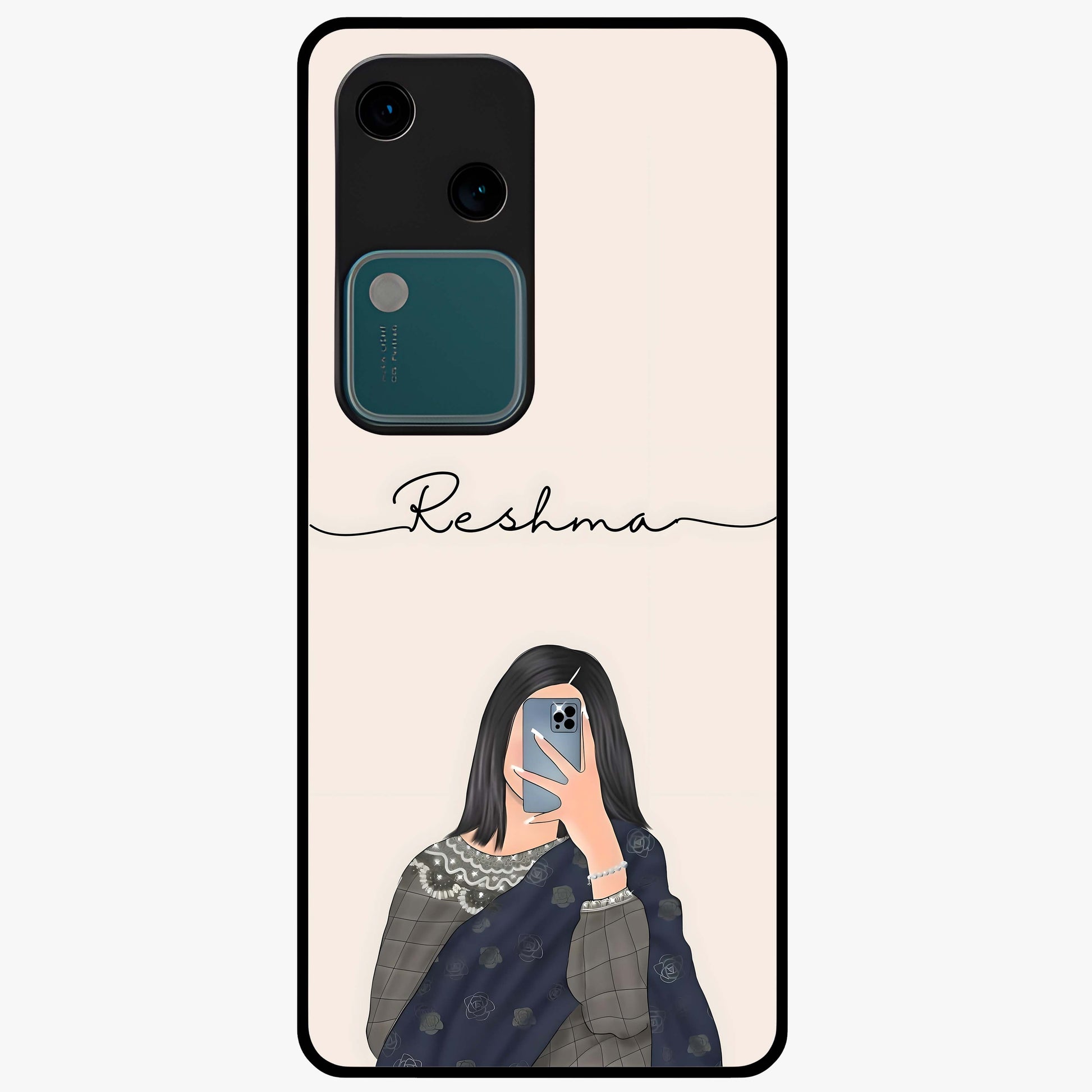 Mirror Mood Muse With Custom Name Glass Case showing flat back view with stylish mirrored artwork and personalized name design.