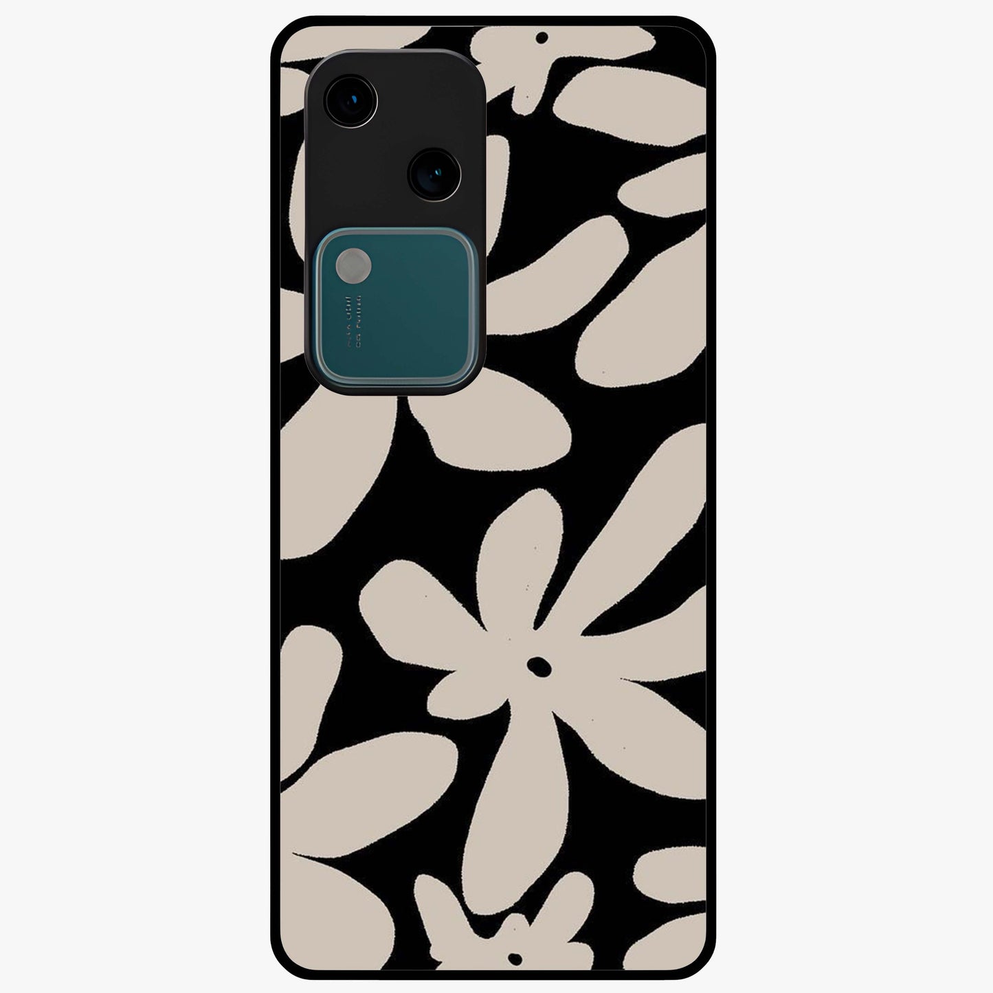 Monochrome Petal Dance Glass Case showing flat back view with monochrome floral artwork and glossy glass finish.