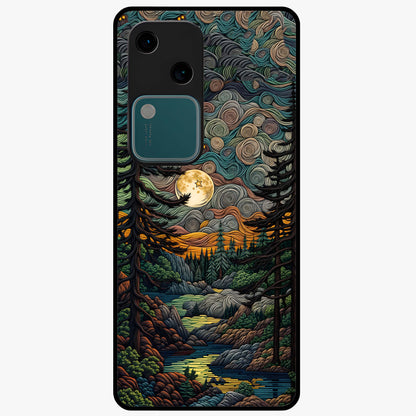 Moonlight Forest Dream Glass Case showing flat back view with mystical forest moonlight artwork and glossy glass finish.