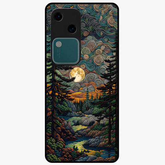 Moonlight Forest Dream Glass Case showing flat back view with mystical forest moonlight artwork and glossy glass finish.