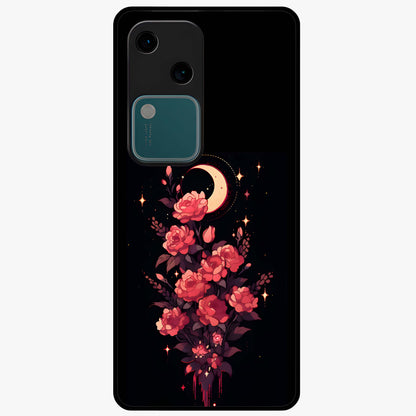 Moonlit Floral Elegance Glass Case showing flat back view with elegant floral artwork under moonlit tones and glossy glass finish.