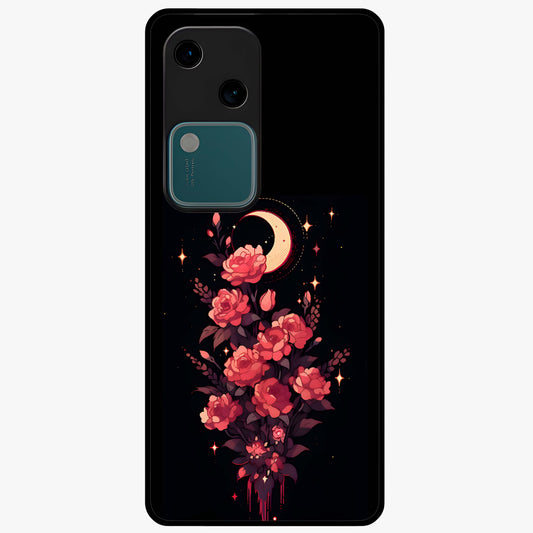 Moonlit Floral Elegance Glass Case showing flat back view with elegant floral artwork under moonlit tones and glossy glass finish.