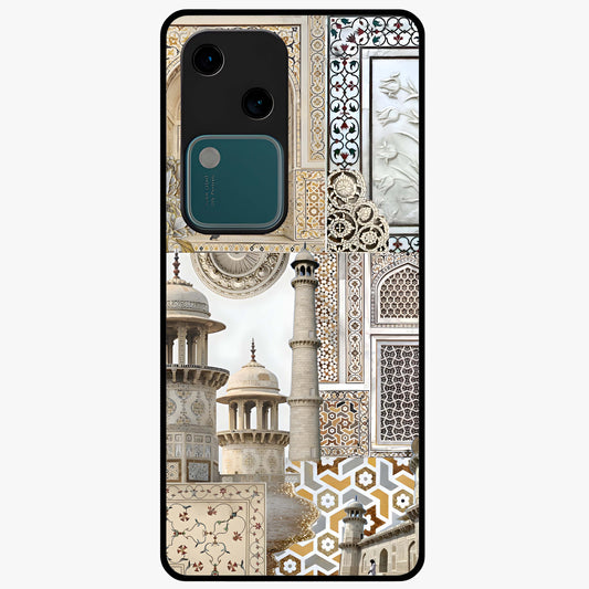 Mughal Marble Legacy Glass Case showing flat back view with intricate Mughal inspired marble pattern and glossy glass finish.