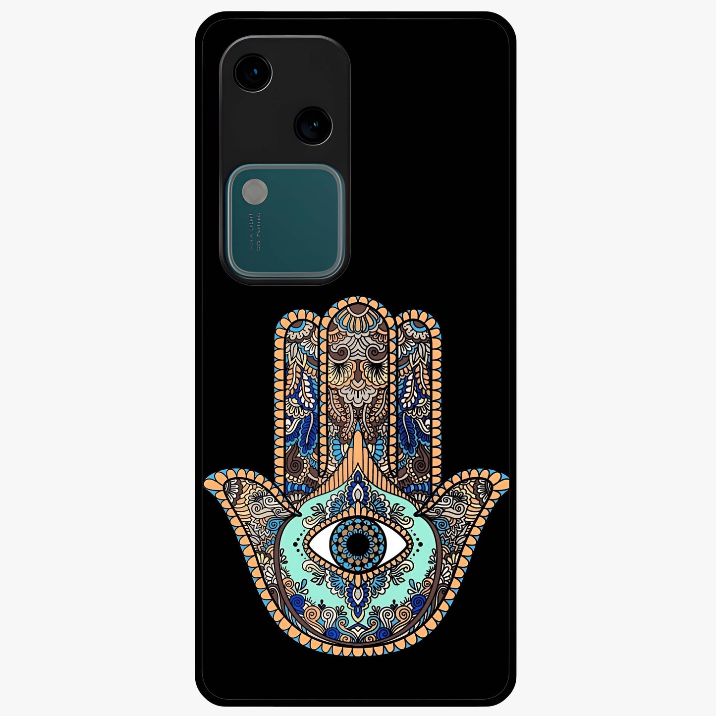 Mystic Hamsa Eye Glass Case showing flat back view with protective hamsa hand and evil eye artwork and glossy glass finish.