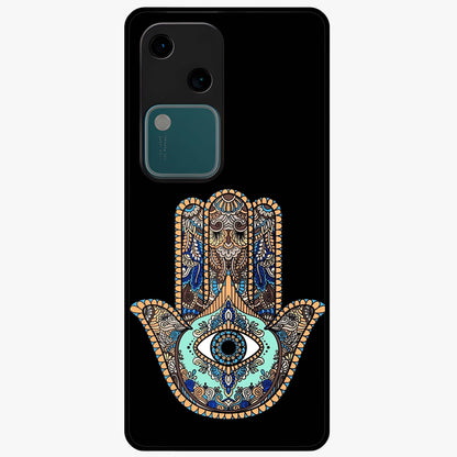 Mystic Hamsa Eye Glass Case showing flat back view with protective hamsa hand and evil eye artwork and glossy glass finish.