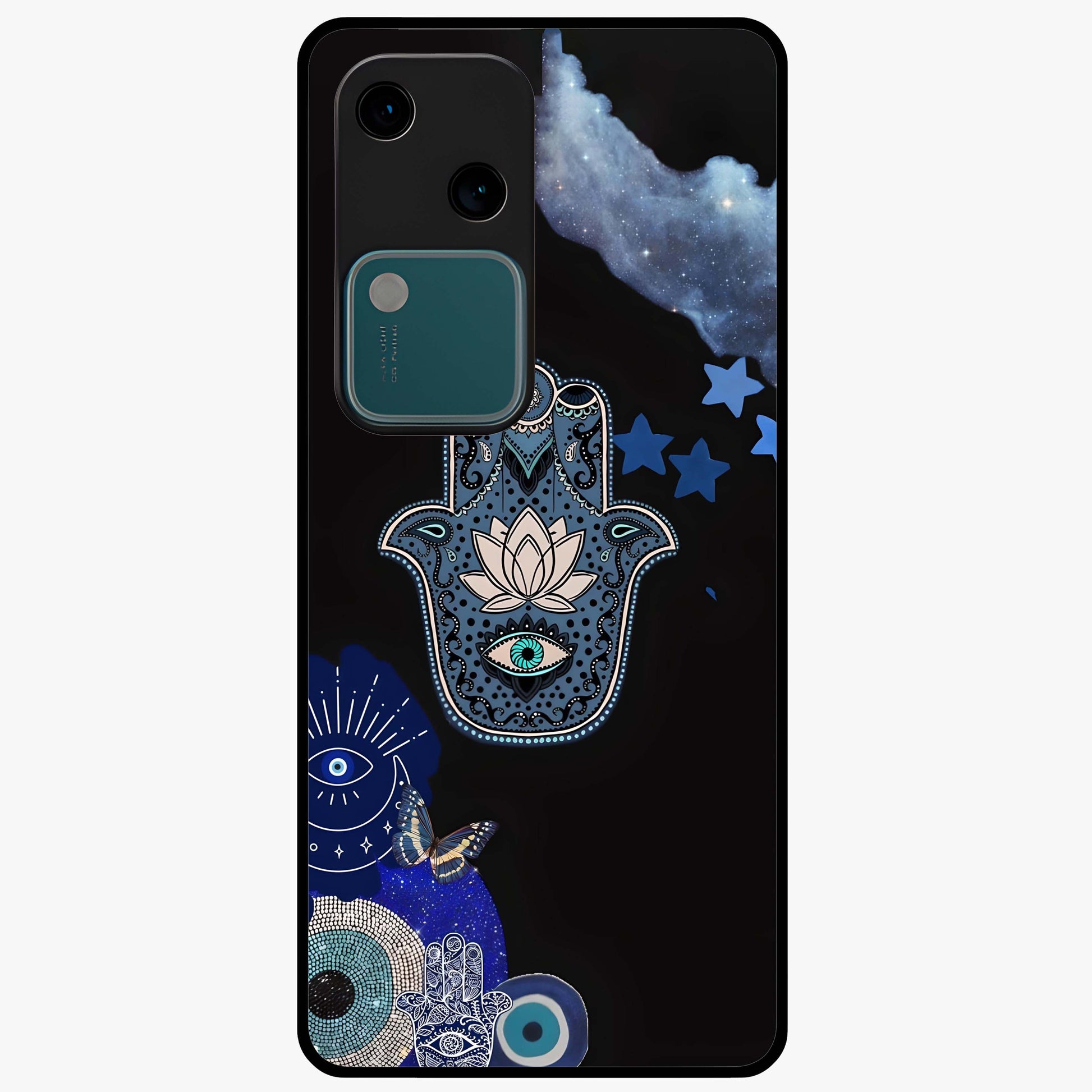 Mystic Hand Aura Glass Case showing flat back view with mystical hand symbol artwork and glossy glass finish.