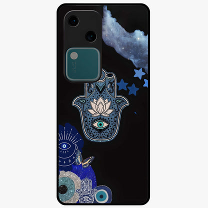 Mystic Hand Aura Glass Case showing flat back view with mystical hand symbol artwork and glossy glass finish.